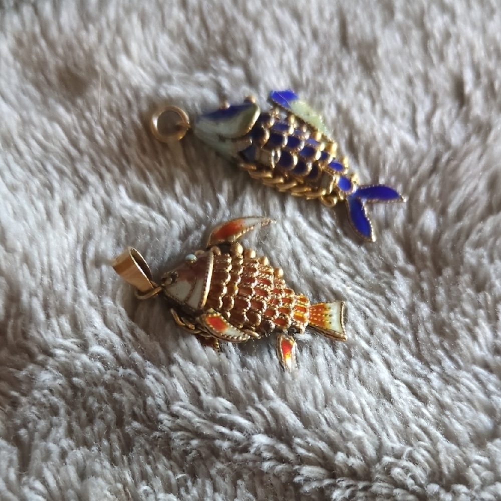 (2) Vtg Sterling Silver Cloisonne Articulated Koi Pendants